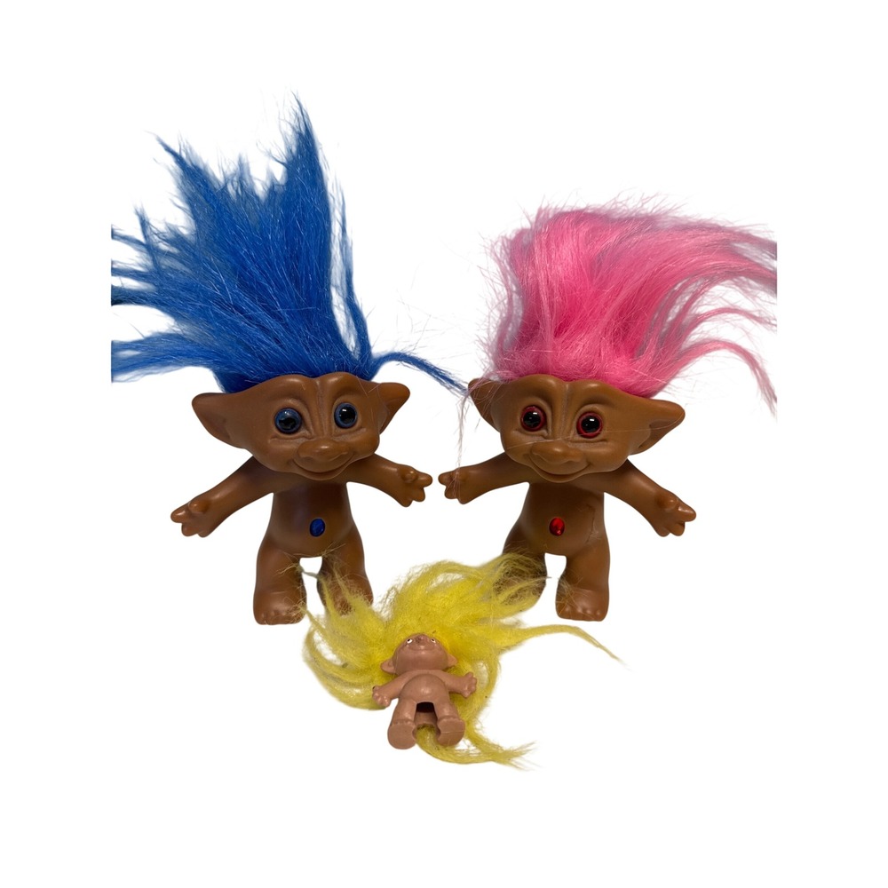 Vtg Treasure Troll DollsJewel Belly Blue Pink Hair Collectible Figures + Yelow